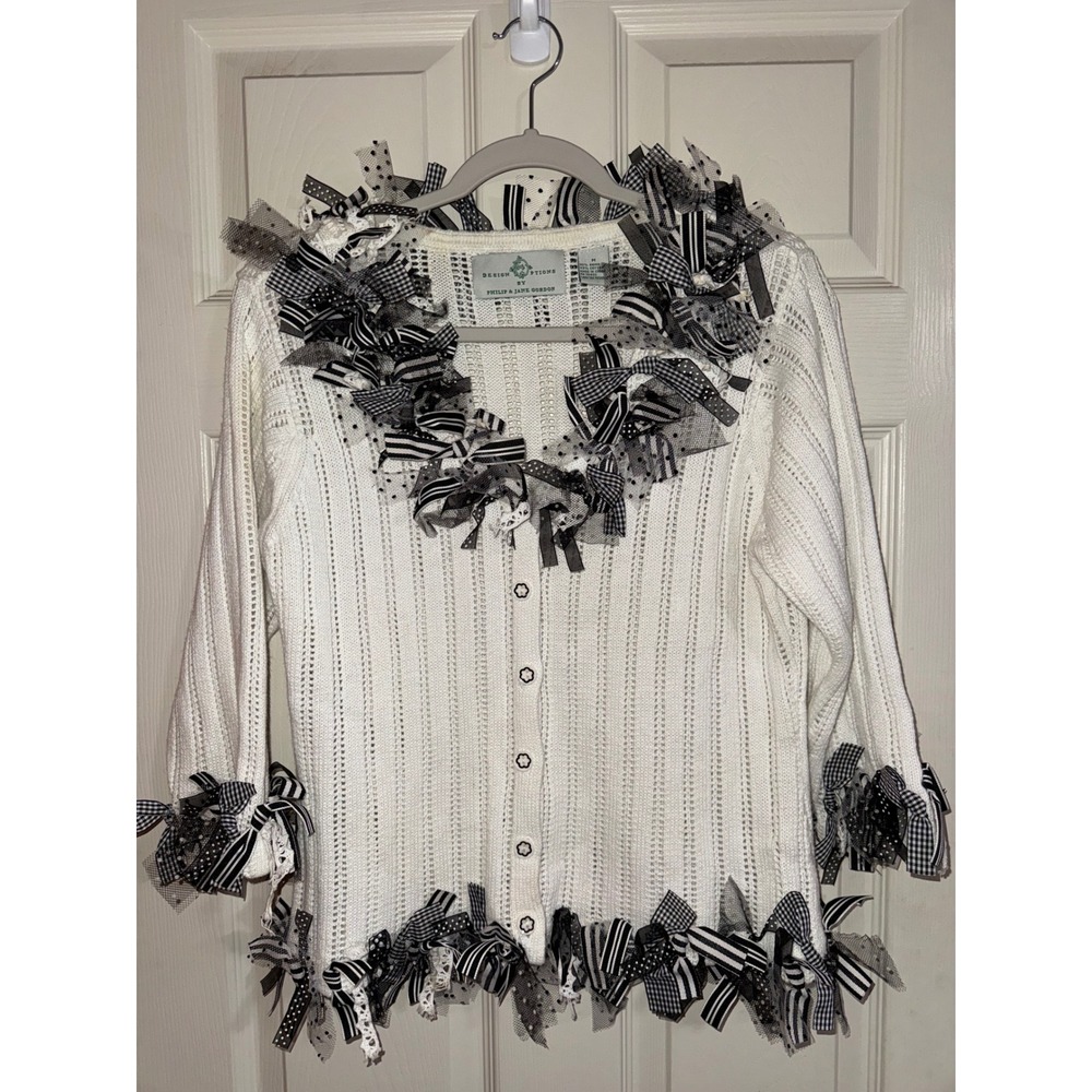 Design Options Philip Jane Gordon White Knit‎ Ribbon Cardigan Sweater Womens Med